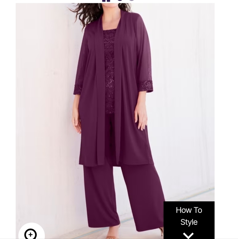 Roaman's Knit Burgundy Embellished 3 Piece Pant Set NWT Size: 44W